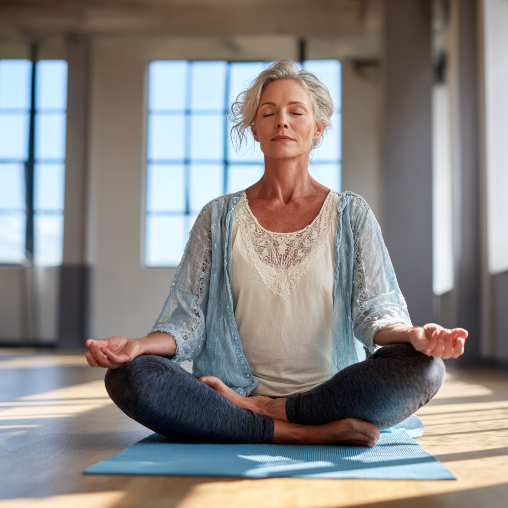 Жінка віком 55 років виконує позу лотоса в світлій йога студії, демонструючи спокій та баланс