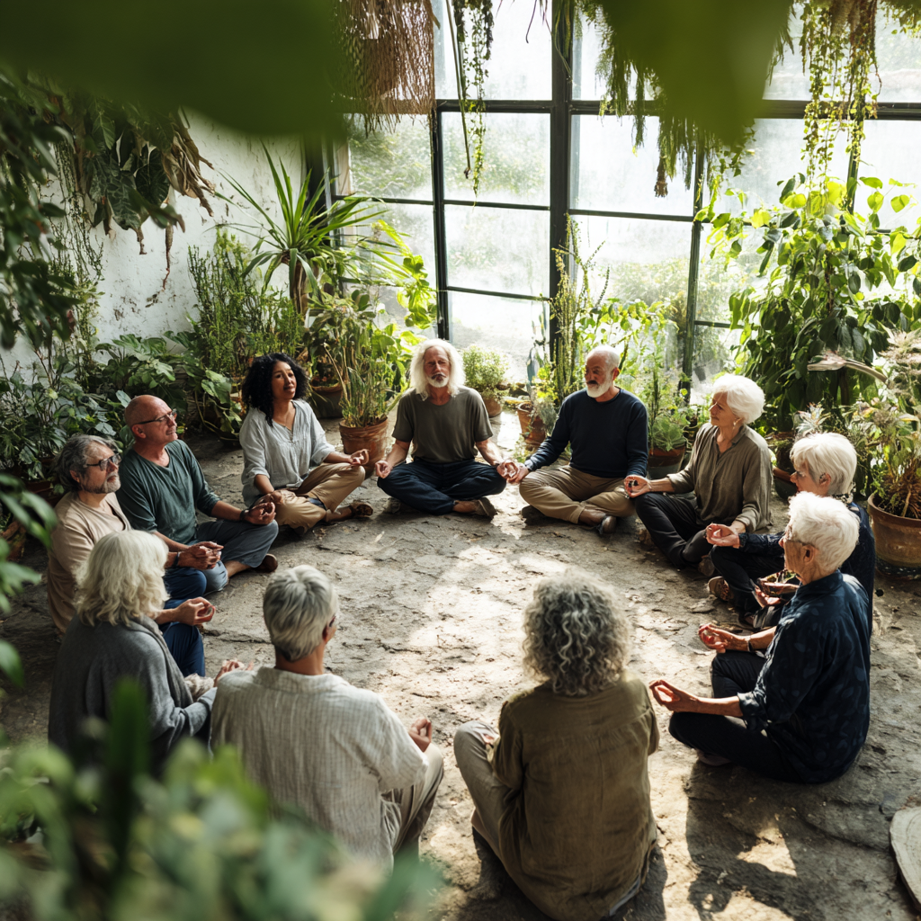 Група людей віком 50-60 років медитує в колі в оточенні зелених рослин та природного освітлення
