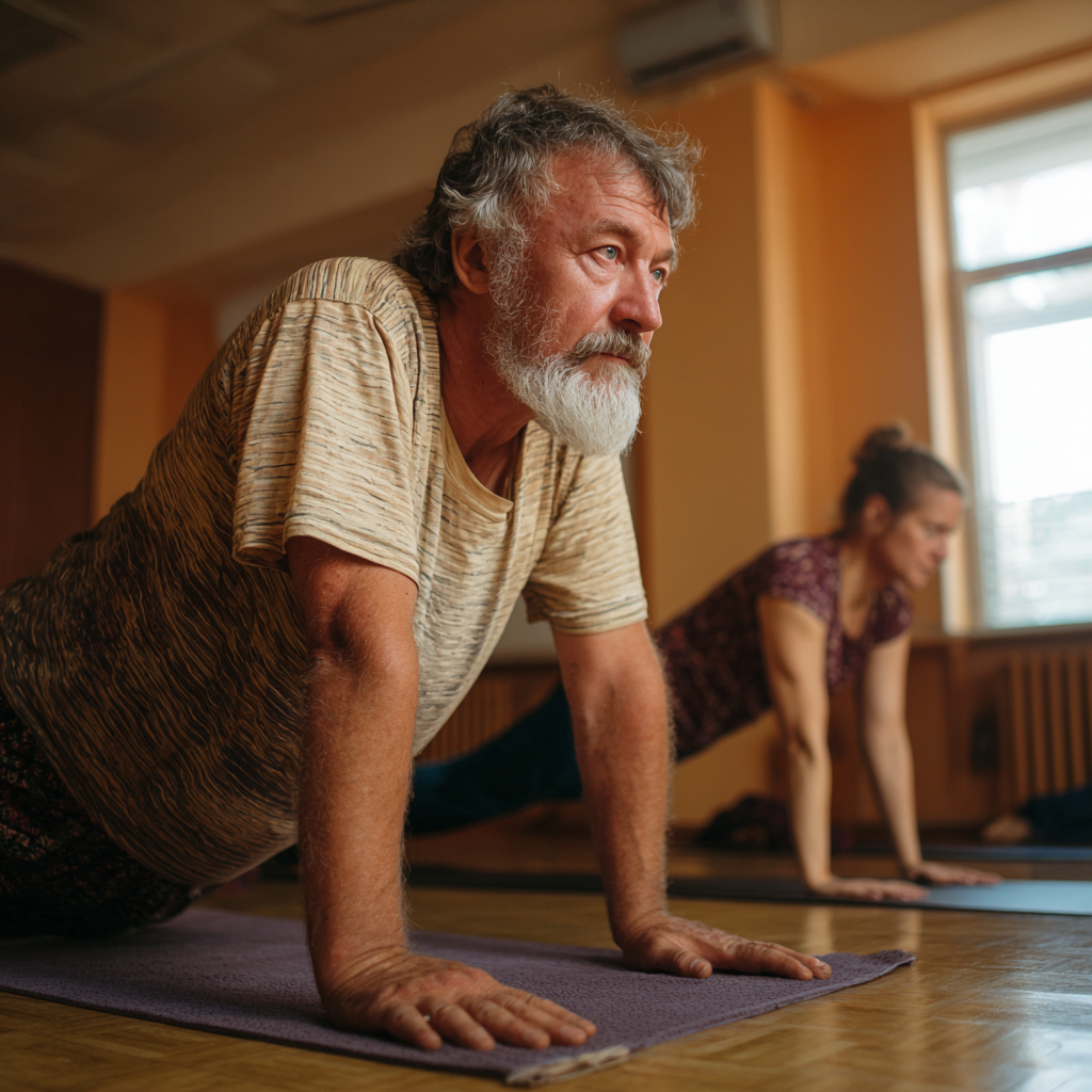 Чоловік 58 років виконує базові асани хатха йоги в затишній студії з натуральним освітленням